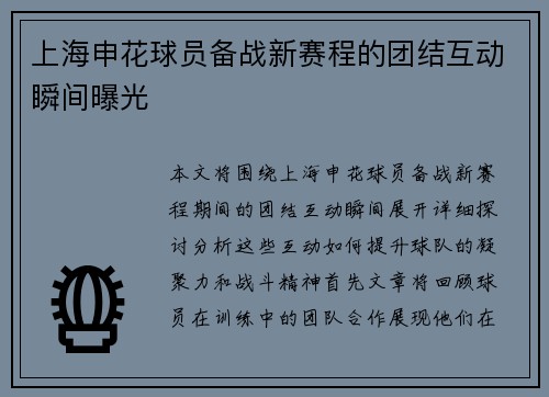 上海申花球员备战新赛程的团结互动瞬间曝光