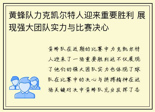 黄蜂队力克凯尔特人迎来重要胜利 展现强大团队实力与比赛决心