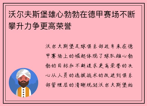 沃尔夫斯堡雄心勃勃在德甲赛场不断攀升力争更高荣誉
