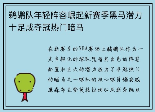 鹈鹕队年轻阵容崛起新赛季黑马潜力十足成夺冠热门暗马
