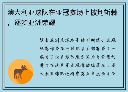澳大利亚球队在亚冠赛场上披荆斩棘，逐梦亚洲荣耀