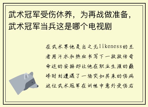 武术冠军受伤休养，为再战做准备，武术冠军当兵这是哪个电视剧