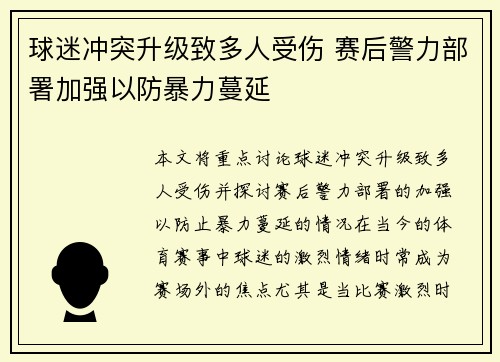 球迷冲突升级致多人受伤 赛后警力部署加强以防暴力蔓延